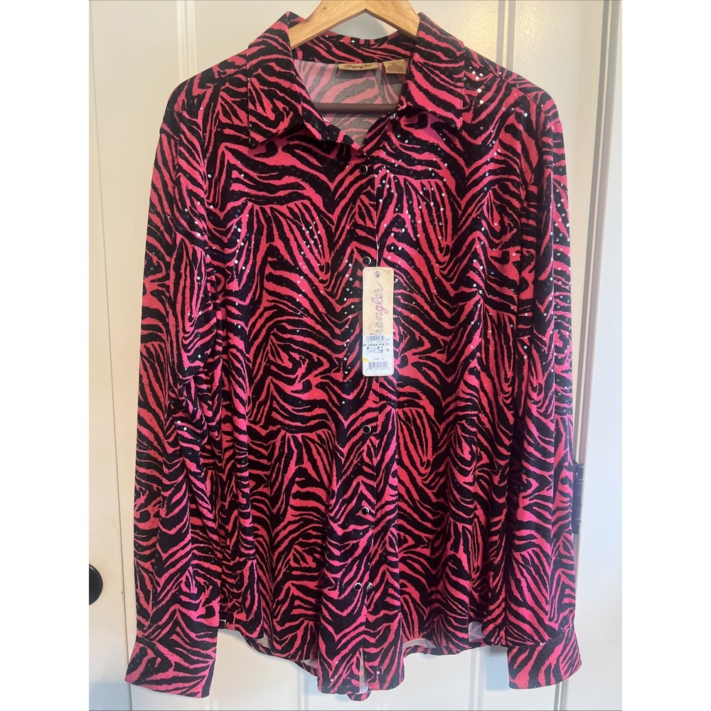 Wrangler Woman's Snap Button Shirt‎ Long Sleeve Zebra XL Pink Black Sparkle NEW